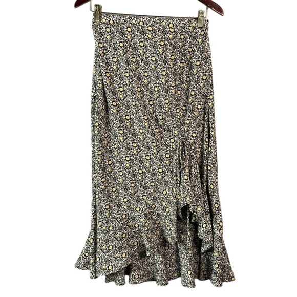 Max Studio NWT Misty Daisy Print Ruffle Ruched Midi Skirt Black Yellow Size S - Picture 2 of 13
